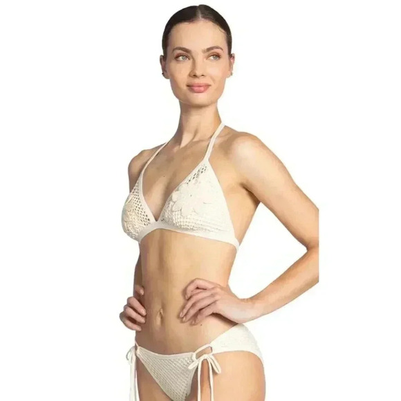 NEW Robin Piccone Pua Cream Crochet Triangle High Waisted Bikini Size Large - Picture 1 of 16